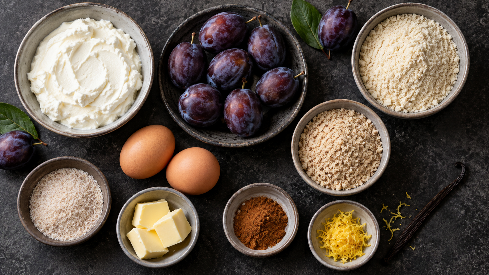 Zutaten für Zwetschgenknödel: acht kleine Zwetschgen, Magerquark, Eier, Mandelmehl, gemahlene Mandeln, Flohsamenschalen, Butter, Erythrit und Zimt