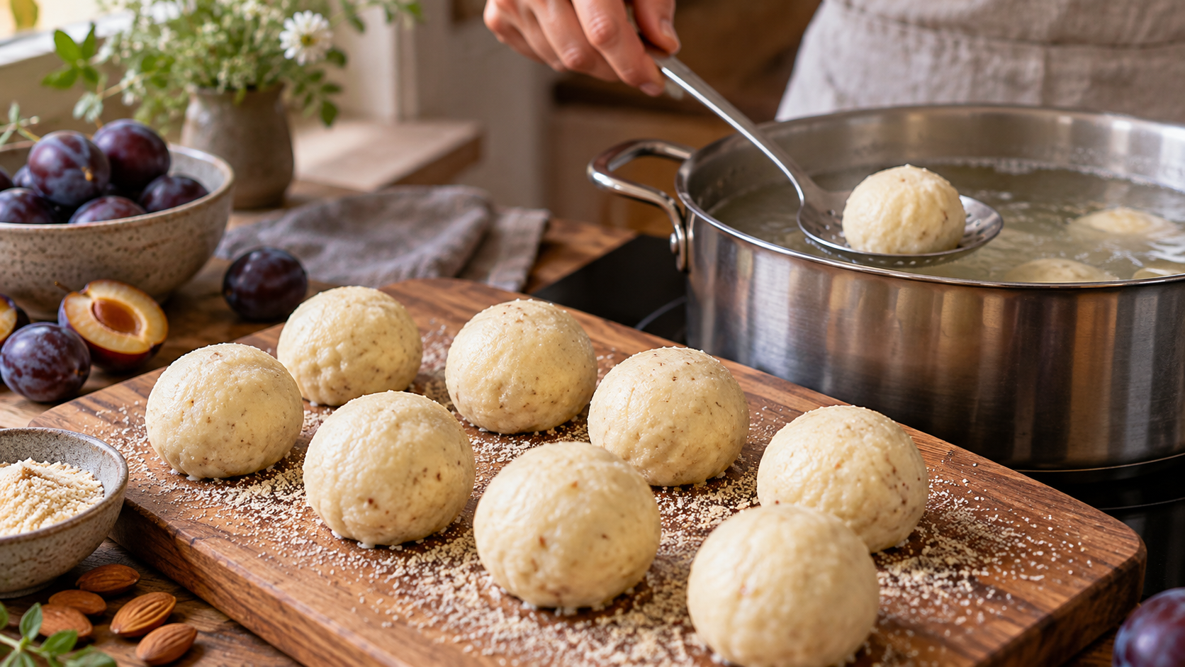 Acht geformte Knödel liegen auf einem bemehlten Brett, dahinter ein Topf mit leise siedendem Wasser