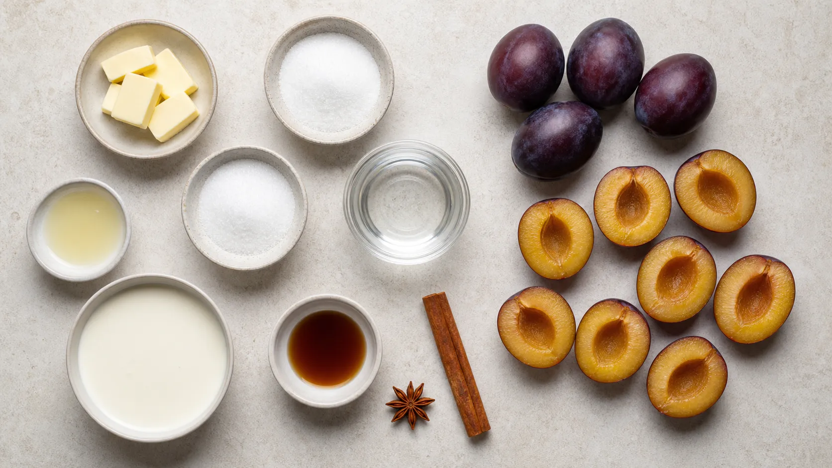 Zutaten für Keto-Zwetschgenröster: halbierte Zwetschgen, Butter, Erythrit, Zimtstange, Sternanis, Sahne und Vanilleschote