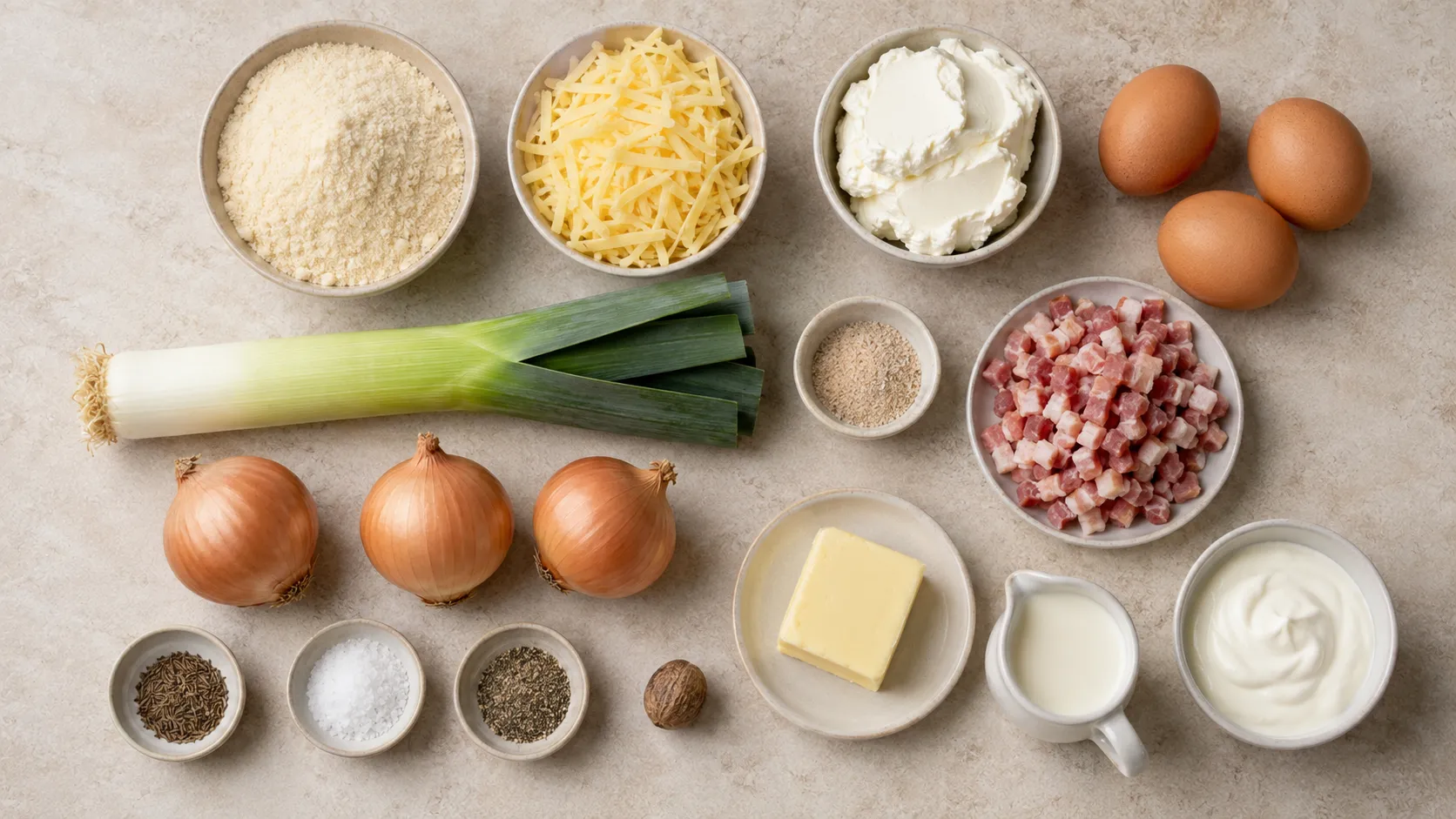 Zutaten: Zwiebeln, Lauchstangen, Speckwürfel, Schmand, Eier, Mandelmehl, geriebener Käse und Kümmel