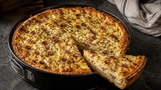 Angeschnittener herzhafter Zwiebelkuchen in einer Springform mit goldbrauner Zwiebel-Lauch-Speck-Füllung und Kümmel