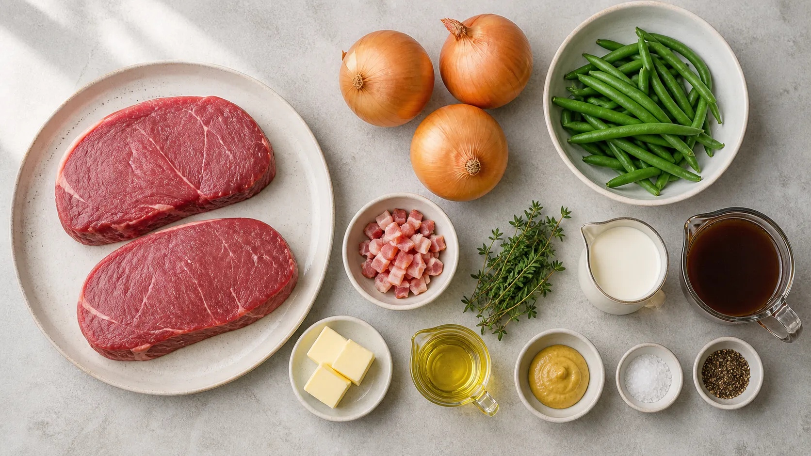 Zutaten für Keto-Zwiebelrostbraten: Rumpsteaks, Zwiebeln, grüne Bohnen, Speck, Butter und Rinderfond