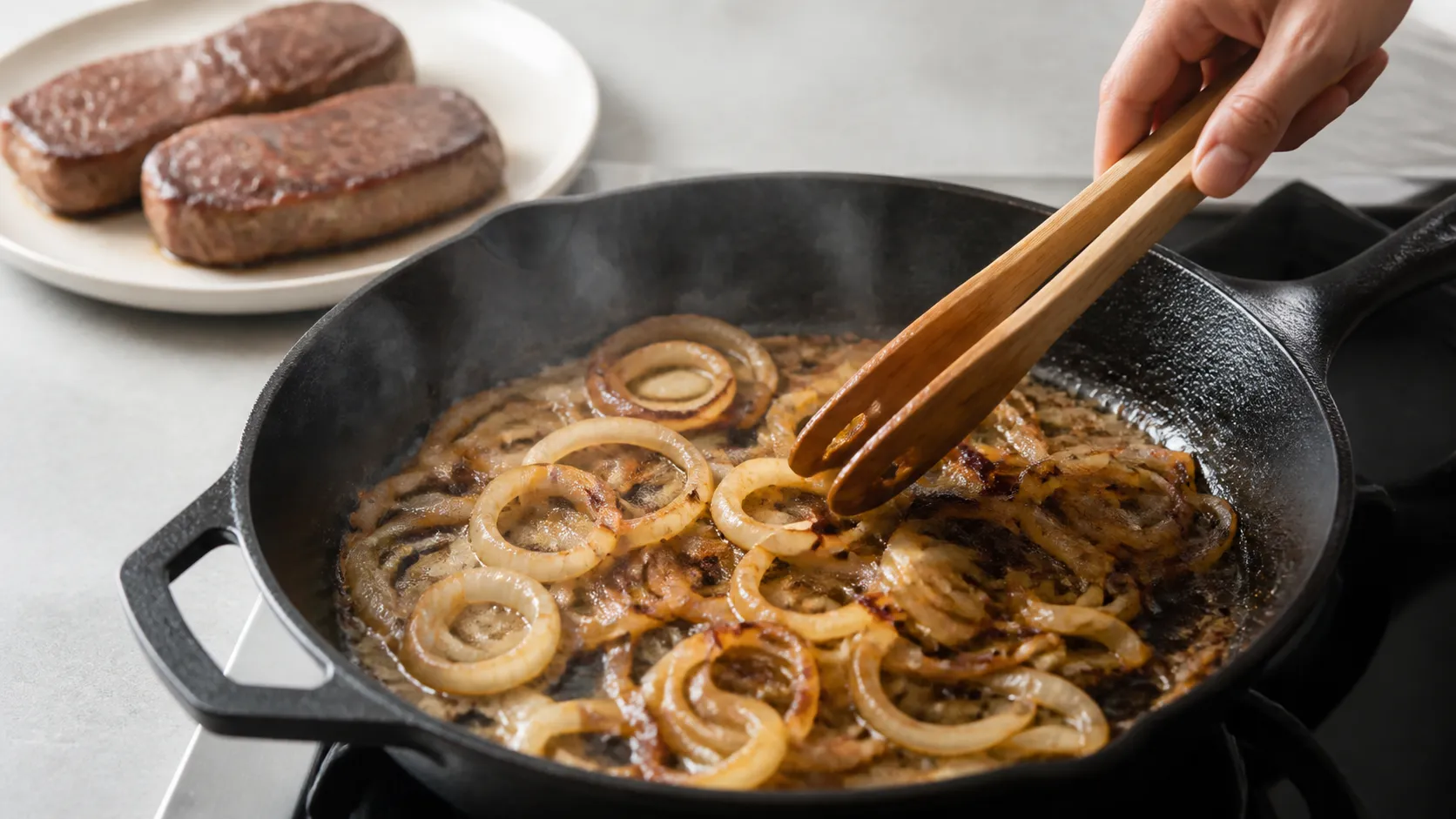 Zwiebelringe braten goldbraun in einer gusseisernen Pfanne neben angebratenen Rumpsteaks