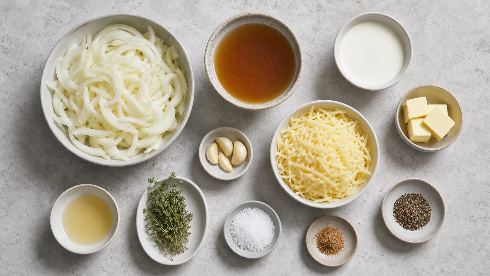 Zutaten für Keto-Zwiebelsuppe: Zwiebeln, Butter, Rinderbrühe, Sahne, Gruyère, Thymian und Knoblauch