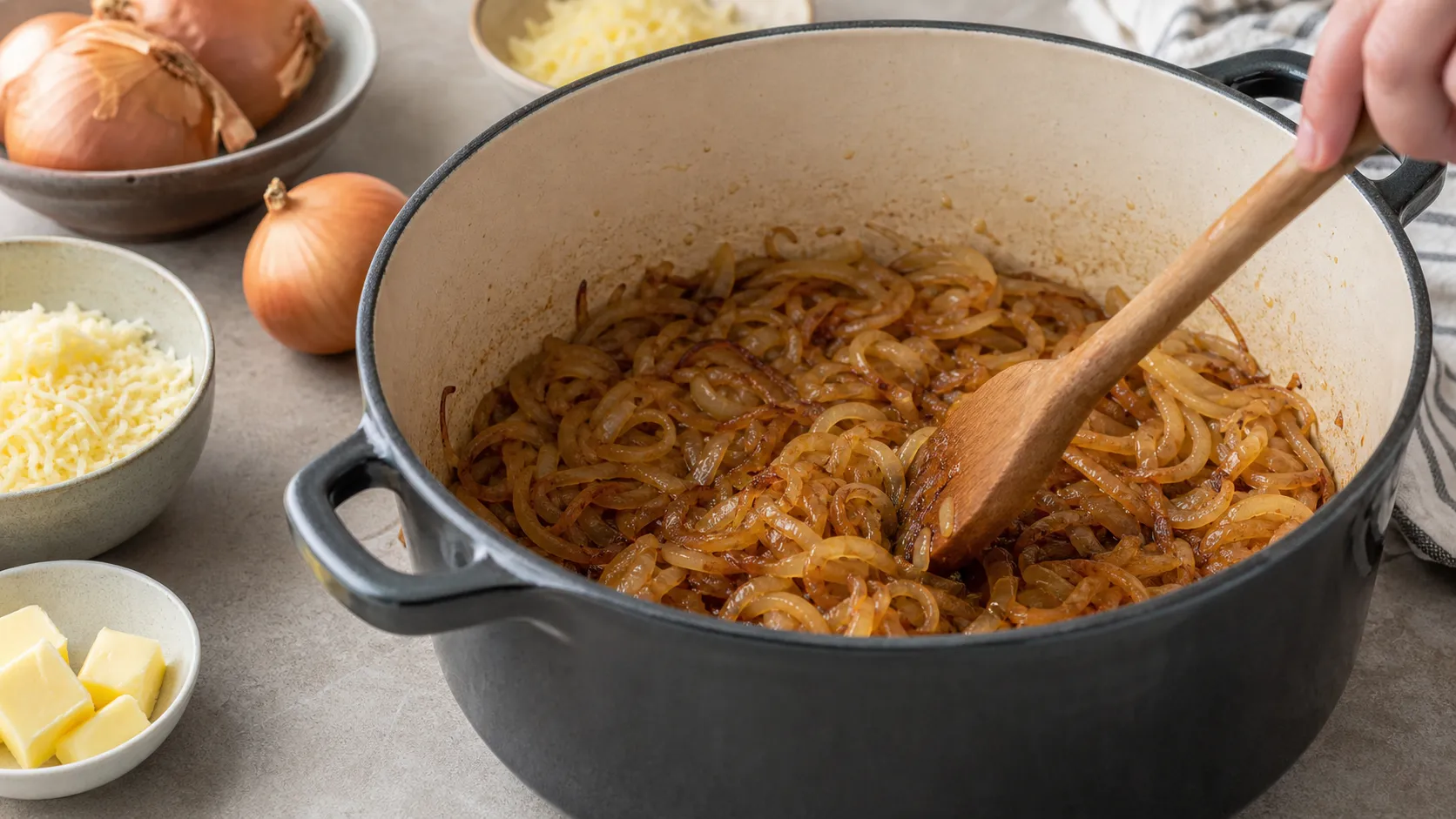 Zwiebelringe karamellisieren langsam in Butter in einem schweren Topf