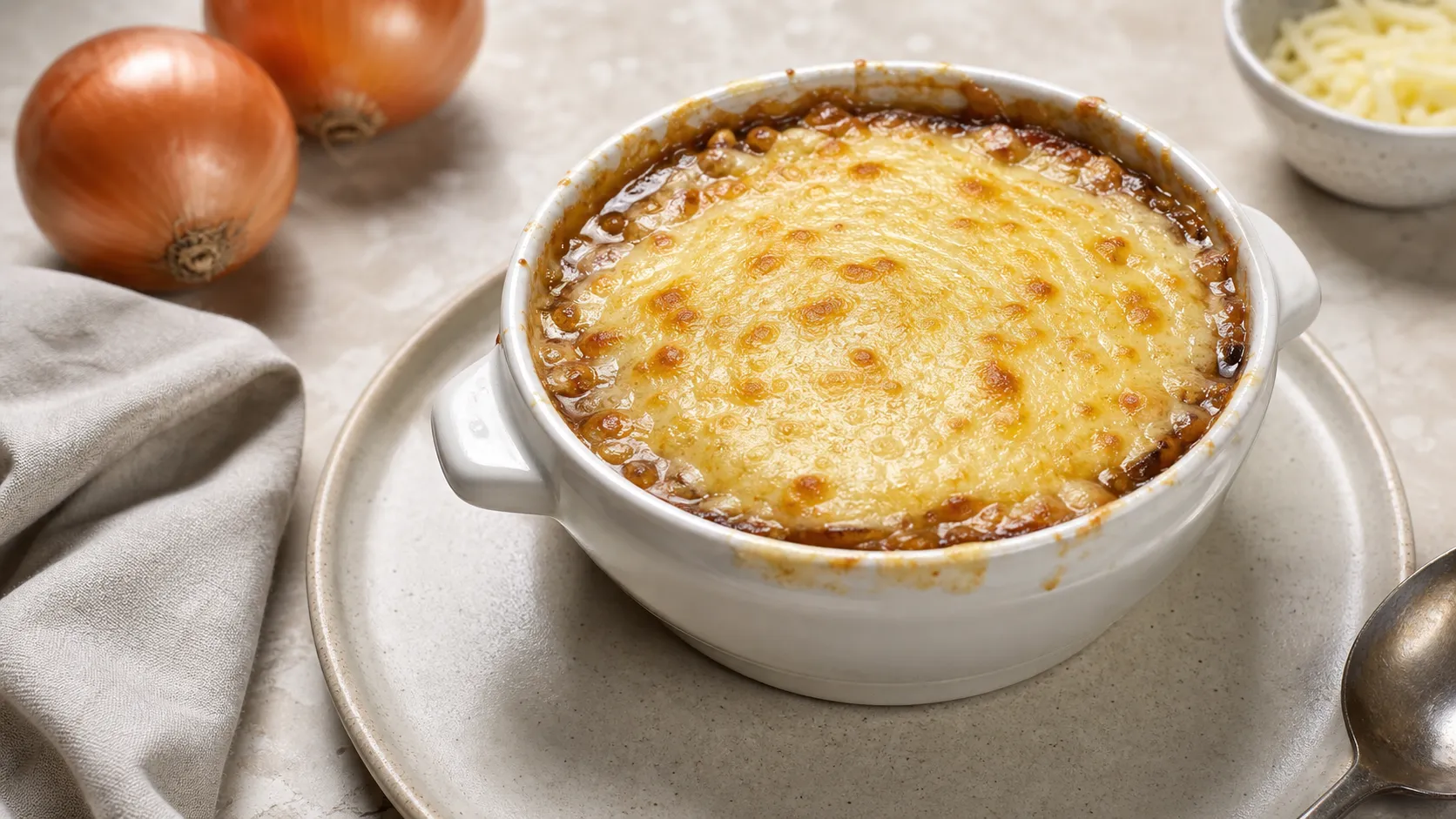 Keto-Zwiebelsuppe in einer Auflaufform mit goldbrauner Gruyère-Kruste statt Baguette