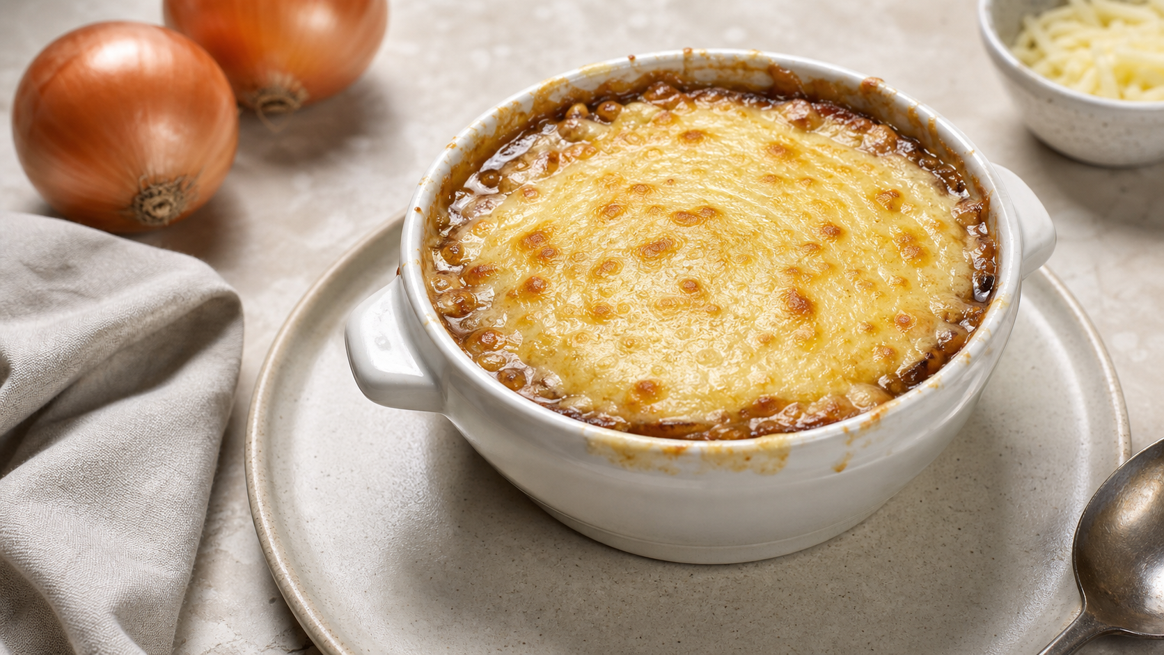 Keto-Zwiebelsuppe in einer Auflaufform mit goldbrauner Gruyère-Kruste statt Baguette