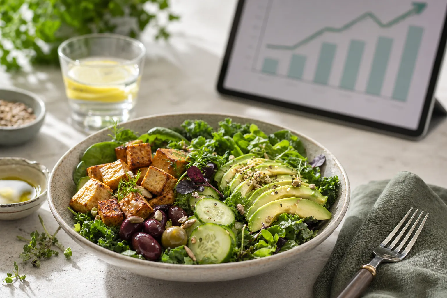 Plant-Based-Keto-Bowl mit Avocado, Gemüse, Tomaten, pflanzlichen Zutaten und wachsendem Markt-Diagramm