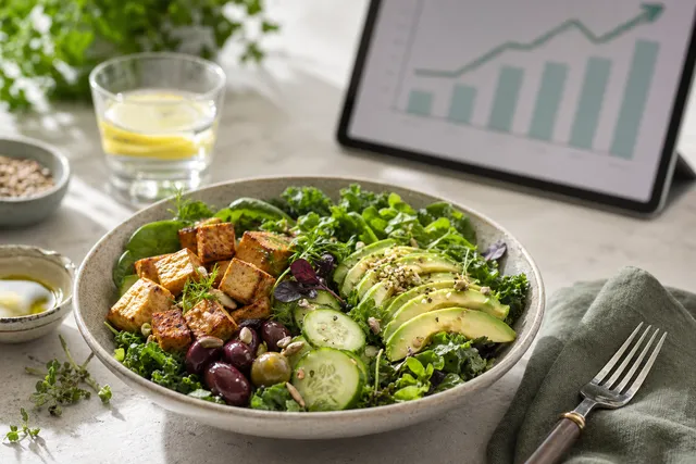 Plant-Based-Keto-Bowl mit Avocado, Gemüse, Tomaten, pflanzlichen Zutaten und wachsendem Markt-Diagramm