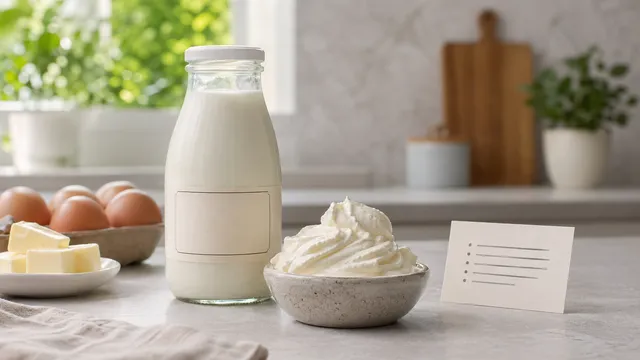 Glasflasche mit Sahne, Schale mit geschlagener Sahne, Butter und Eier auf einer hellen Küchenarbeitsplatte