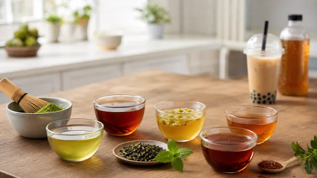 Verschiedene Teesorten in Glasschalen auf einem Holztisch: grüner Tee, schwarzer Tee, Kräutertee und Matcha