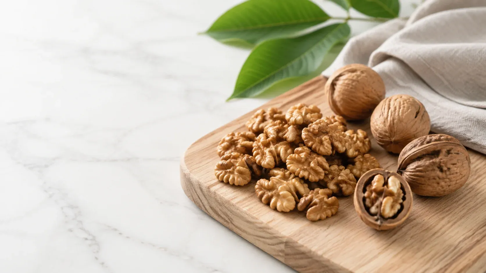 Keto Lebensmittel: Walnüsse in der Schale und geknackte Walnusskerne auf einem Holzbrett