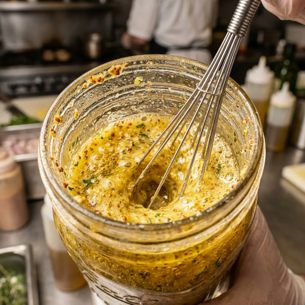 Nahaufnahme: Dijonsenf emulgiert eine goldene Vinaigrette in einem Glas